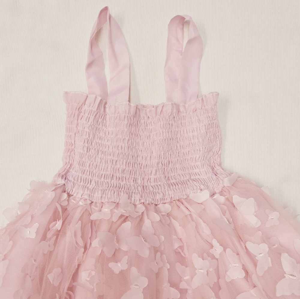 Girls Sleeveless Smocked 3D Butterfly Tulle Dress, Light Pink - (5T) - Picture 5 of 6